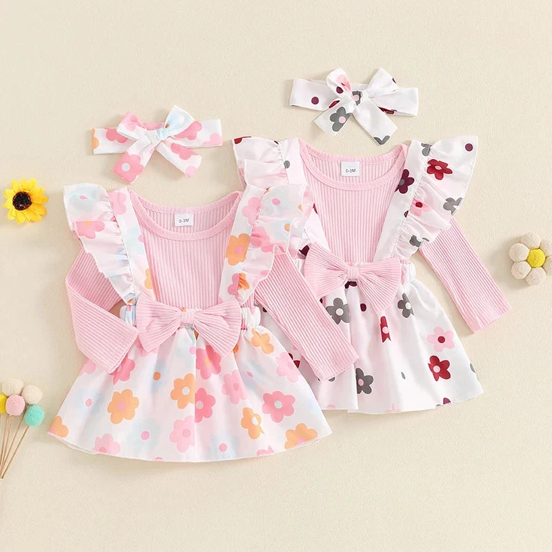 Fashionable Baby Girls 3Pcs Fall Outfit Long Sleeve Ribbed Romper Bow Suspender Flower Print Skirt Headband SetSPECIFICATIONS High-End