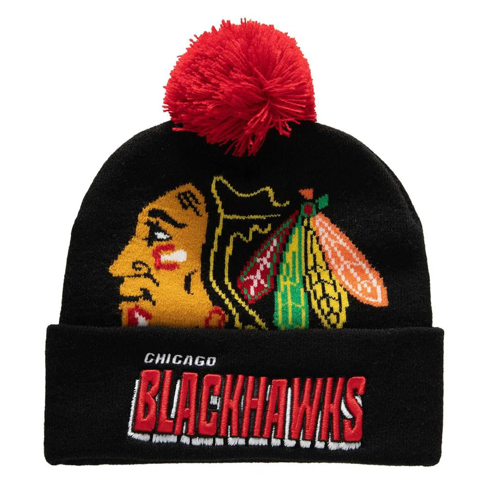 Reusable Mitchell Ness Men's NHL Punch Out Pom Knit Blackhawks Knit Hat High-Quality