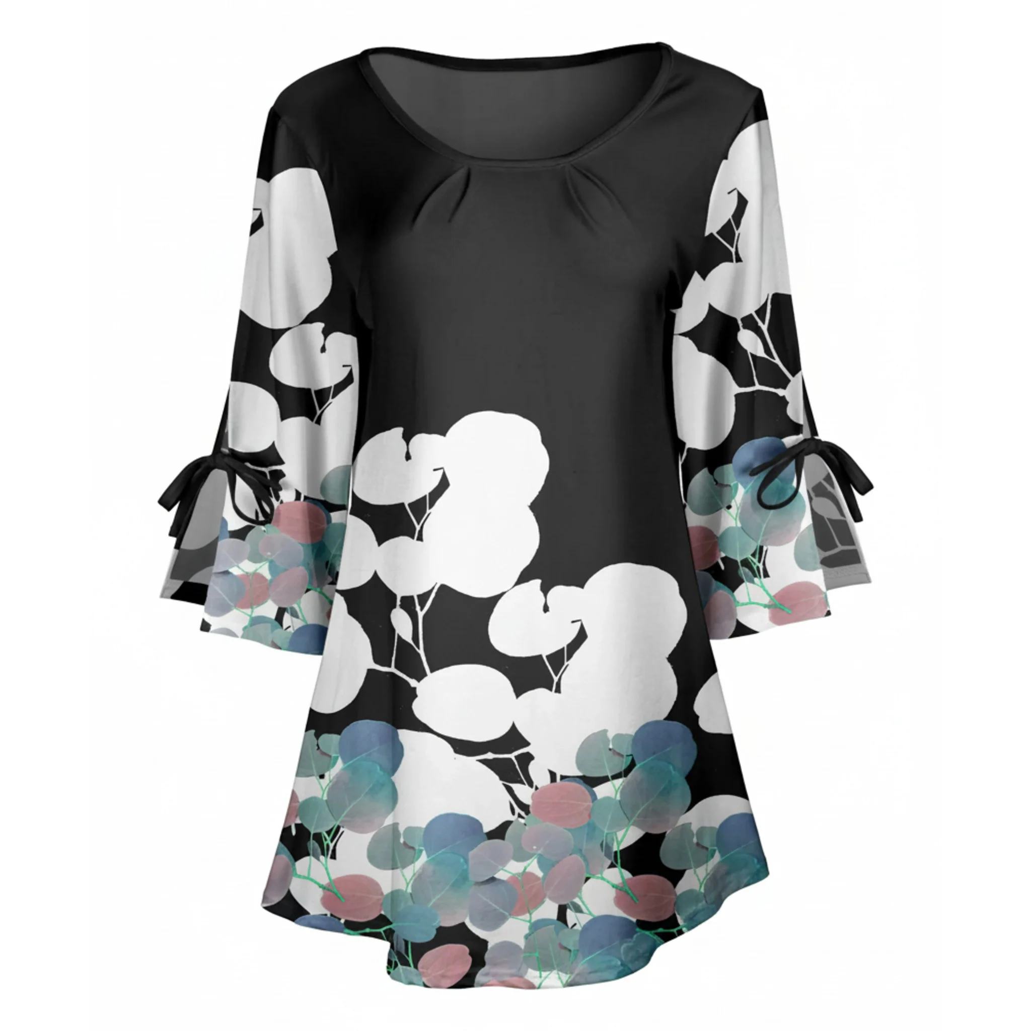 Versatile Lily by Firmiana Women's Round Neck Tunic with Split Hem ¾ Sleeves and Tie Detail Black White Floral Mix Exceptional