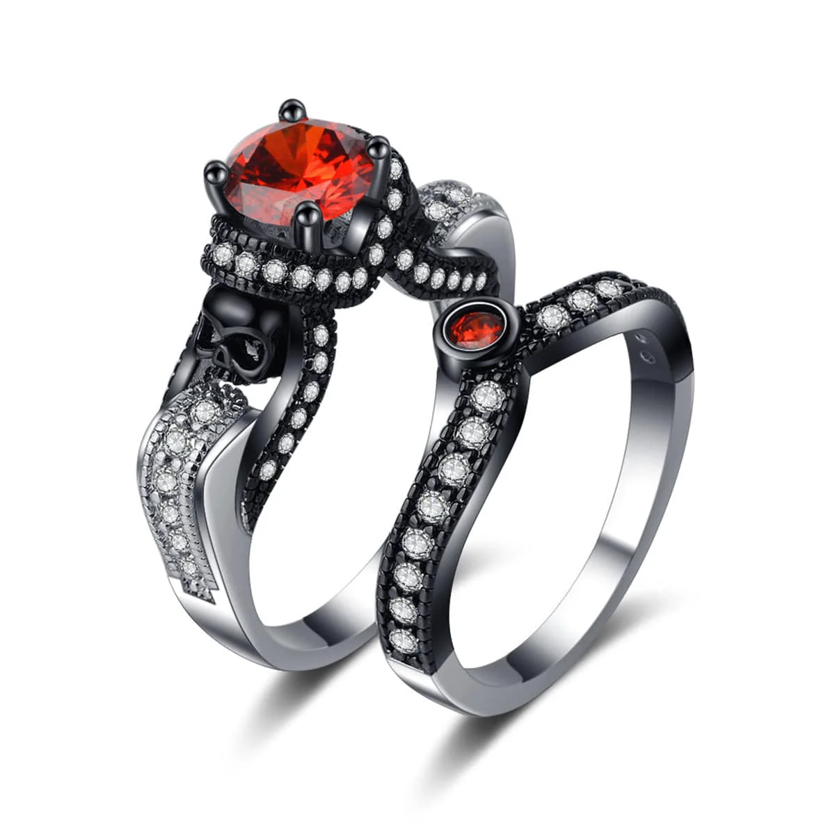 Authentic Red Crystal Cubic Zirconia Skull Ring Set Fashionable