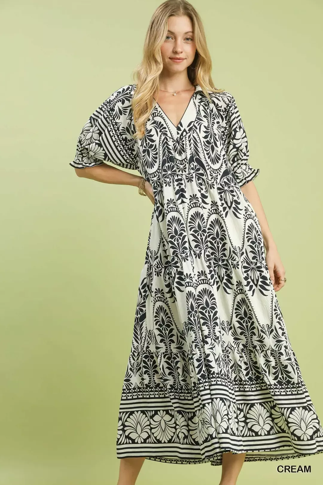 Unique Umgee Two tone Border Print Midi Dress Modern