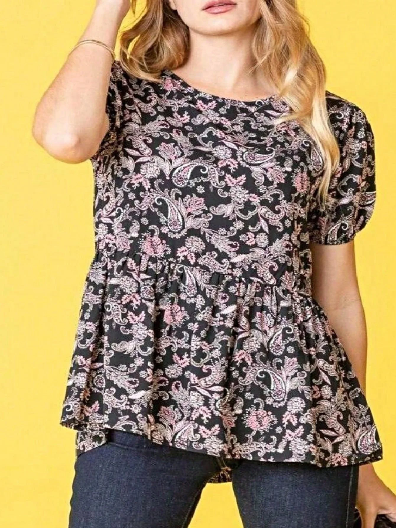 Functional Summer Peplum Paisley Bishop Lantern Puff Sleeve Crew Neck Cute Baby Doll Top Blouse Breathable Shirt Small To Plus Extended Size Fine