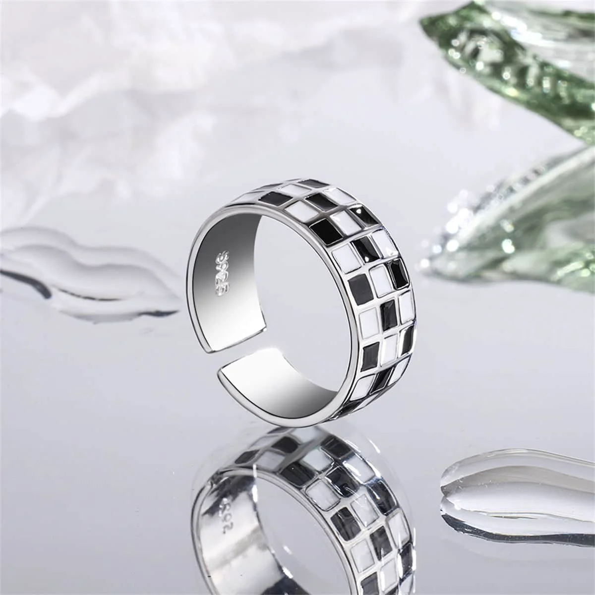 Minimalist Black Enamel Silvertone Checkerboard Open Band Effective