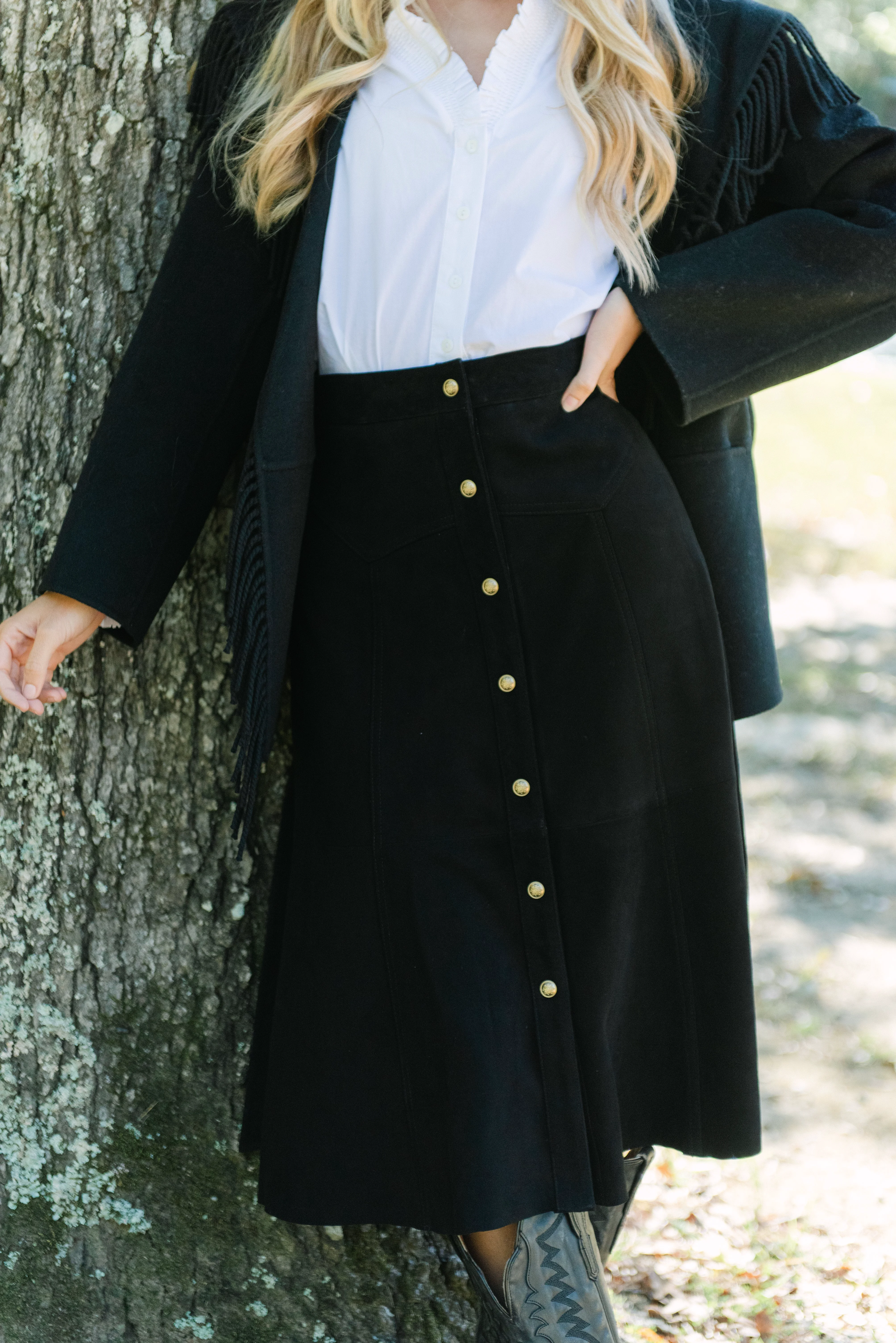 Smart Alice Olivia Calica Suede Snap Aline Midi Skirt in Black Genuine