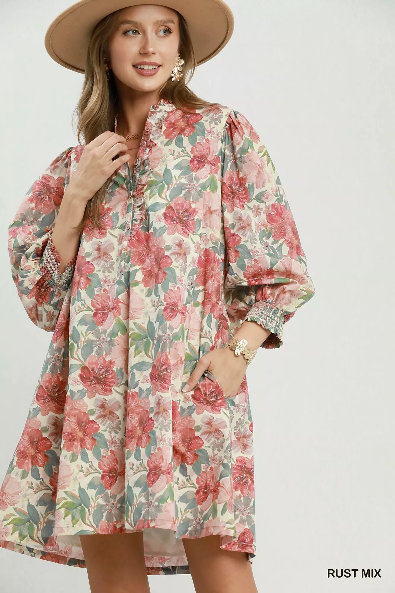 Sustainable Umgee Mix Floral Print Smocked Cuff Mini Dress Crafted