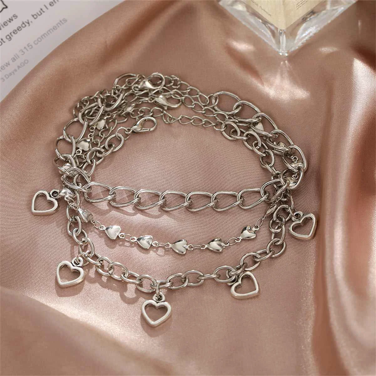 Safe Silvertone Openwork Heart Station Charm Anklet Set Premium