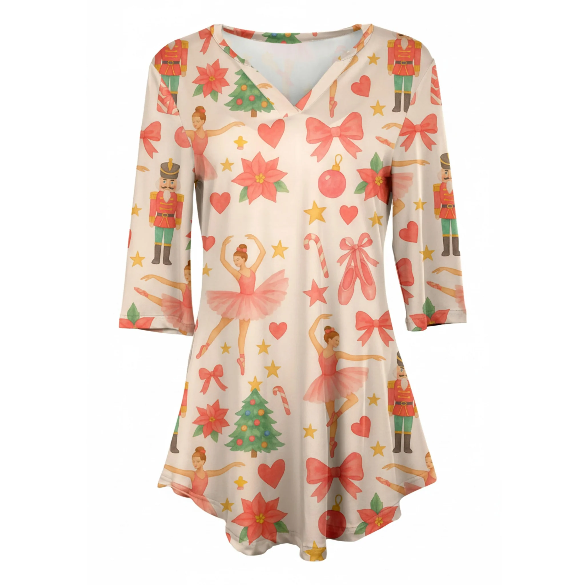 Exceptional Lily by Firmiana Women's 3 4 Sleeve Notch Neck Tunic Pink Multicolor Nutcracker Print Selected