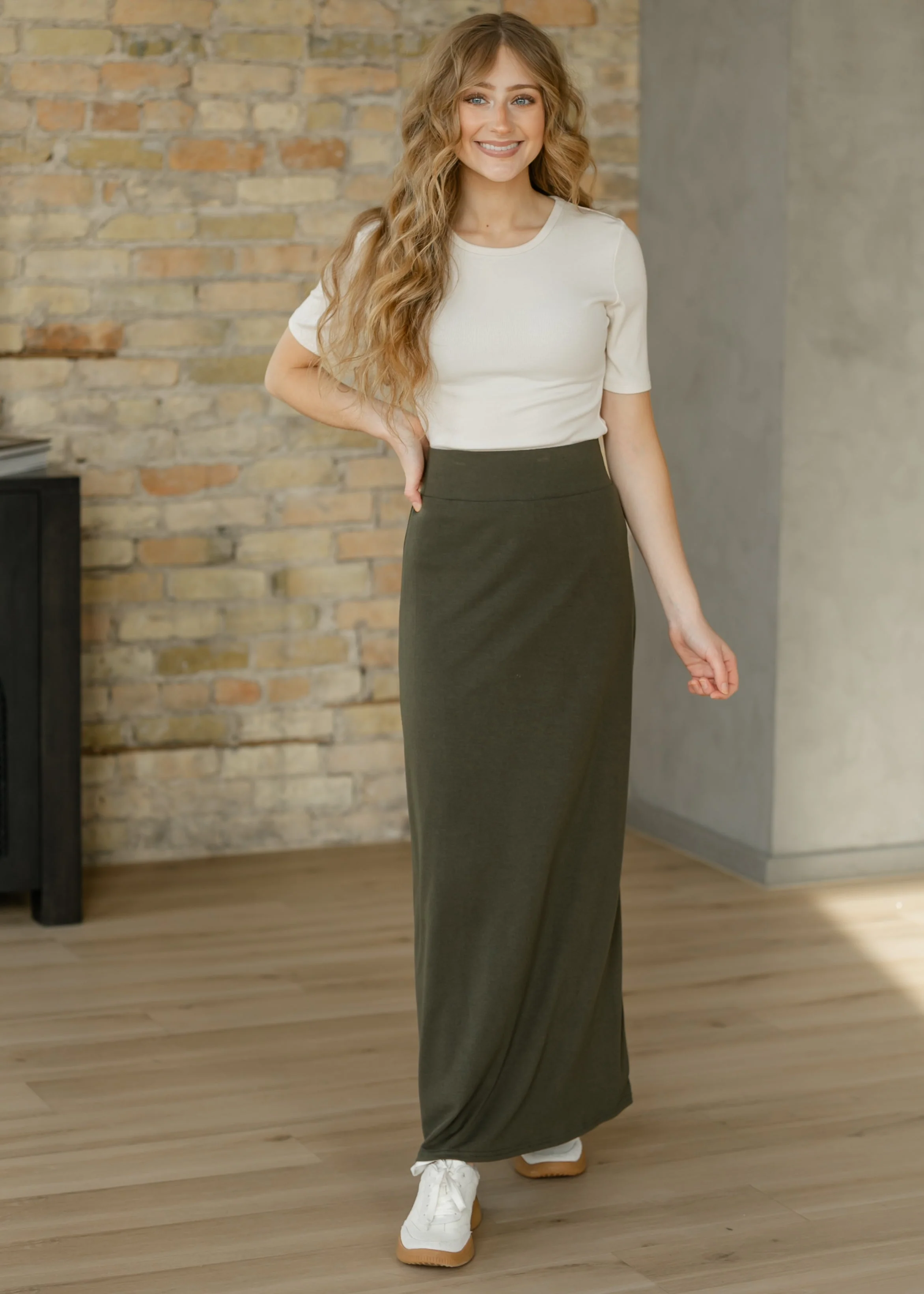 Smooth Clarise Olive Premium Knit Maxi Skirt Verified