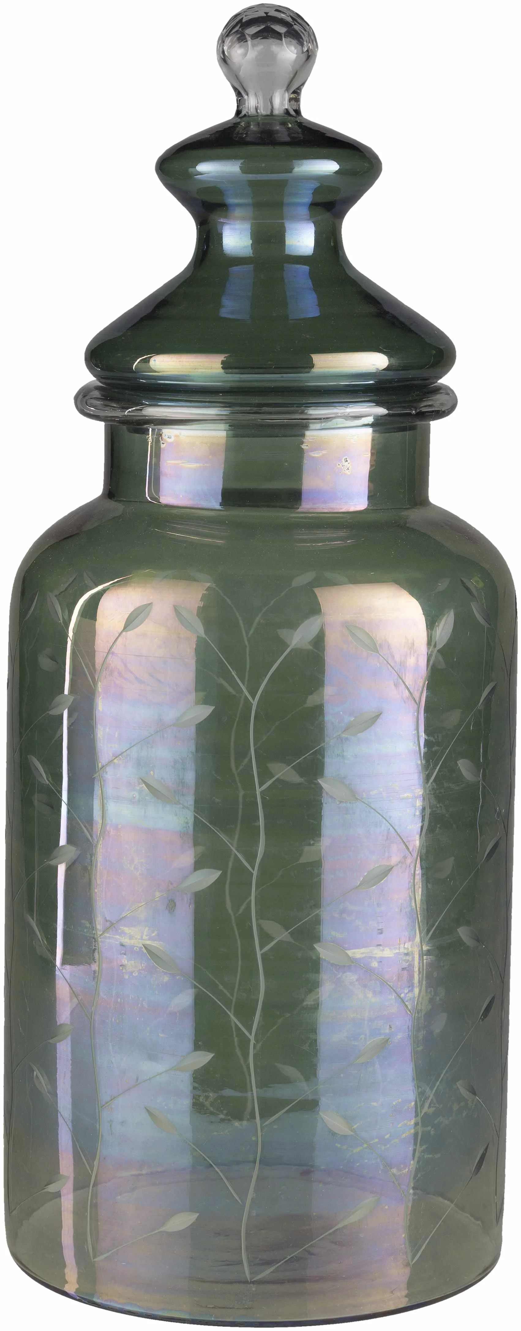 High-Grade Stewartville Green Etched Glass Jar - Prestigious