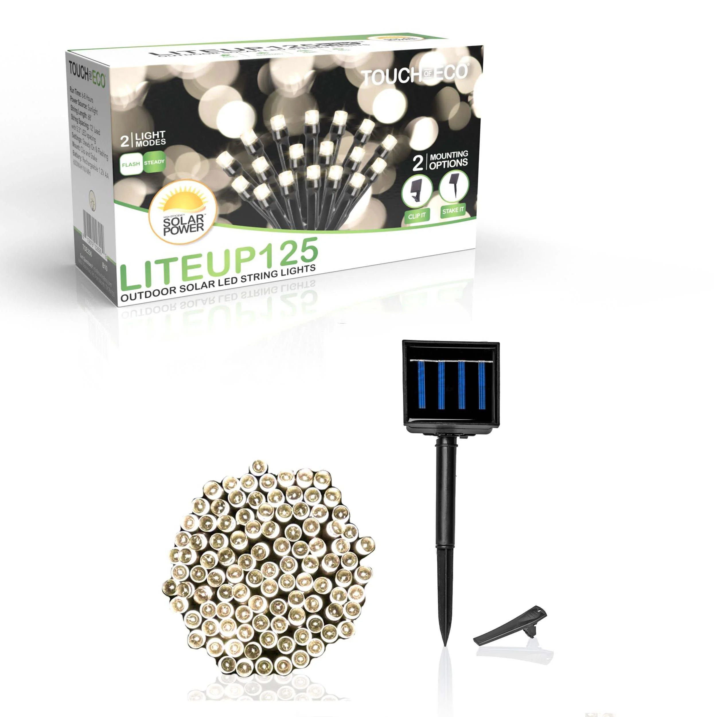 Certified Touch Of ECO Solar Powered Liteup 125 LED Warm White String Lights Relaxed