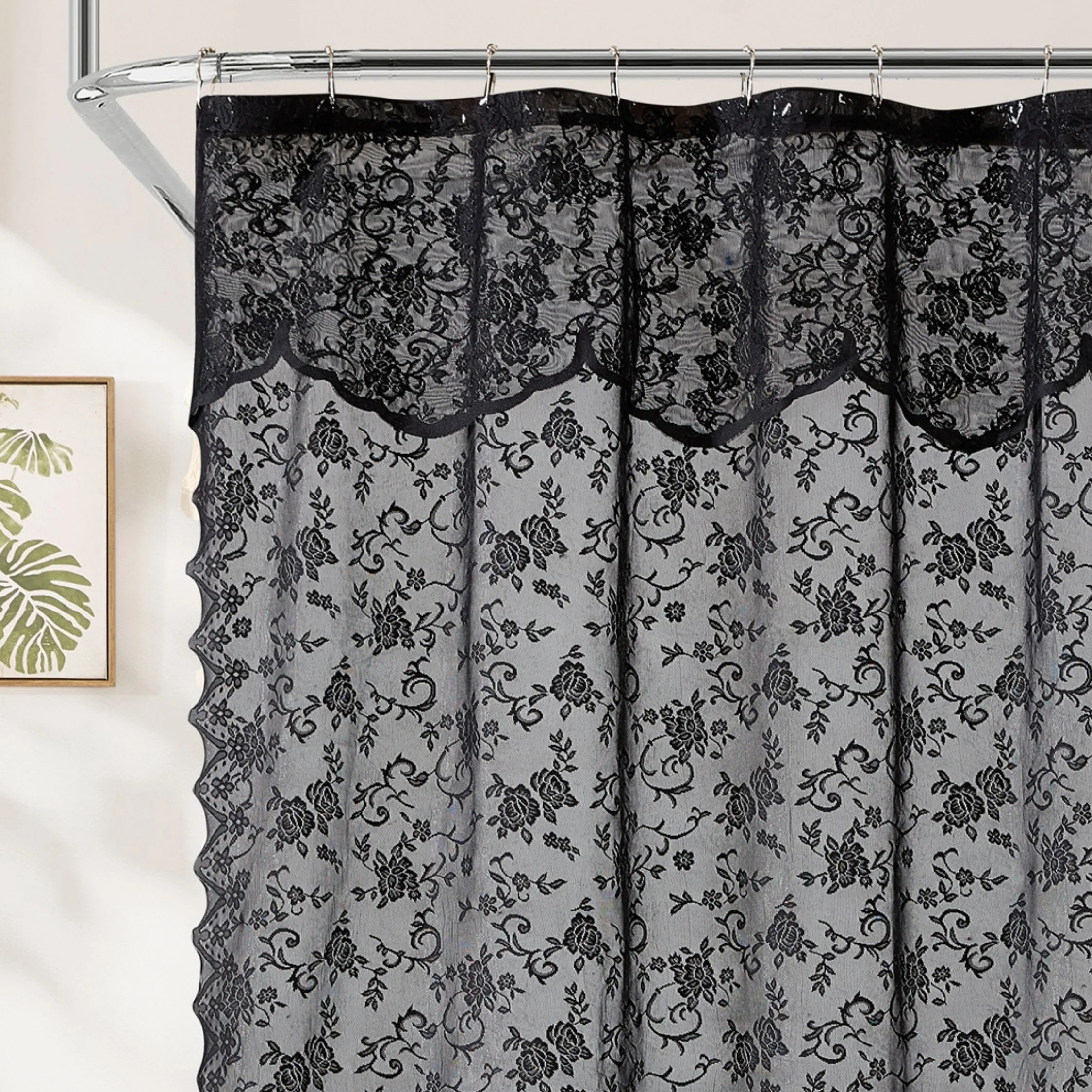 Durable Thd Harpy Lace Bathroom Shower Curtain with Floral Vine Design and Attached Valance Elegant Victorian Classic Style Casual