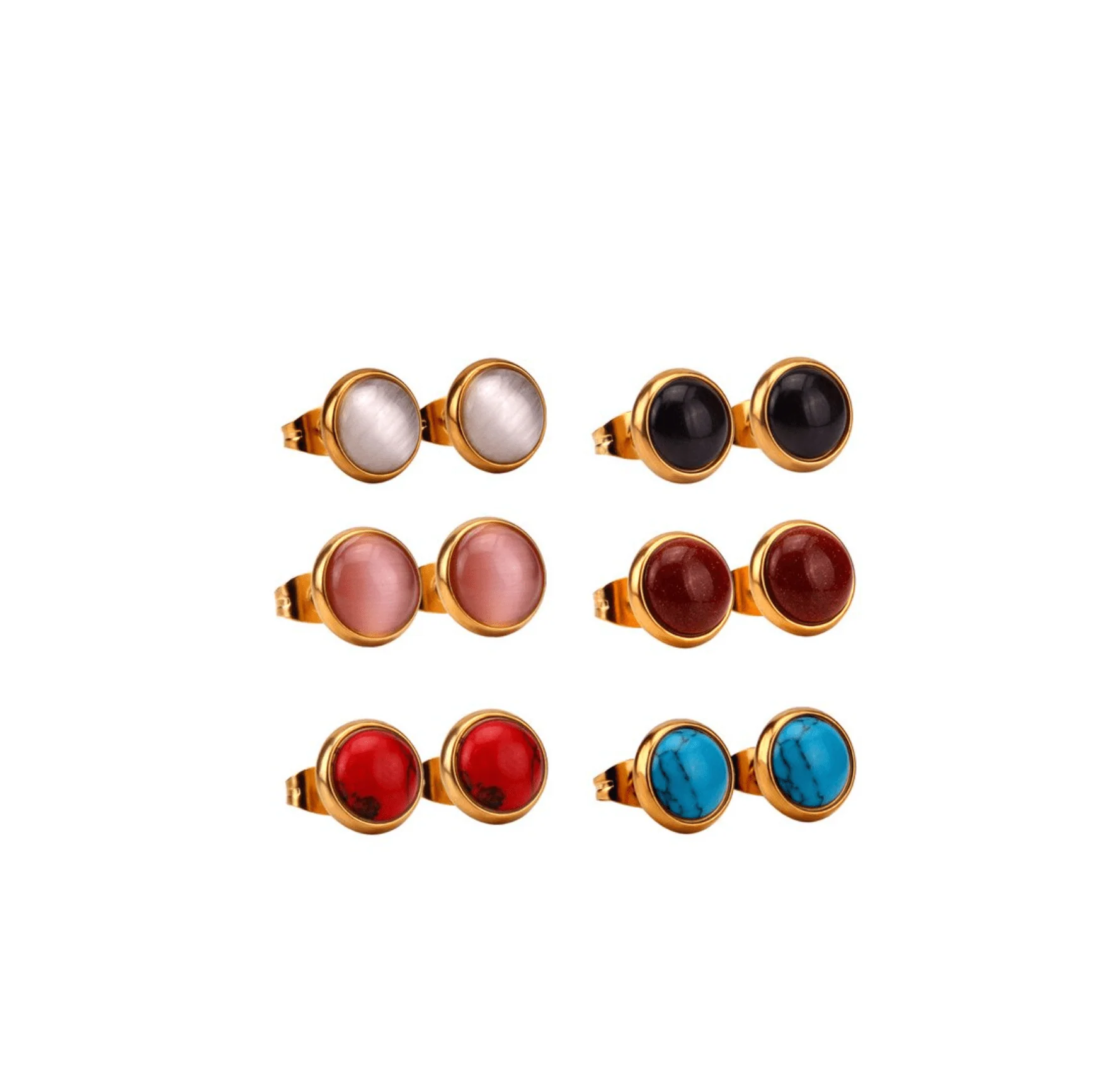 Advanced Goldtone Stainless Steel Stud Set with Cat eye and Howlite Smooth