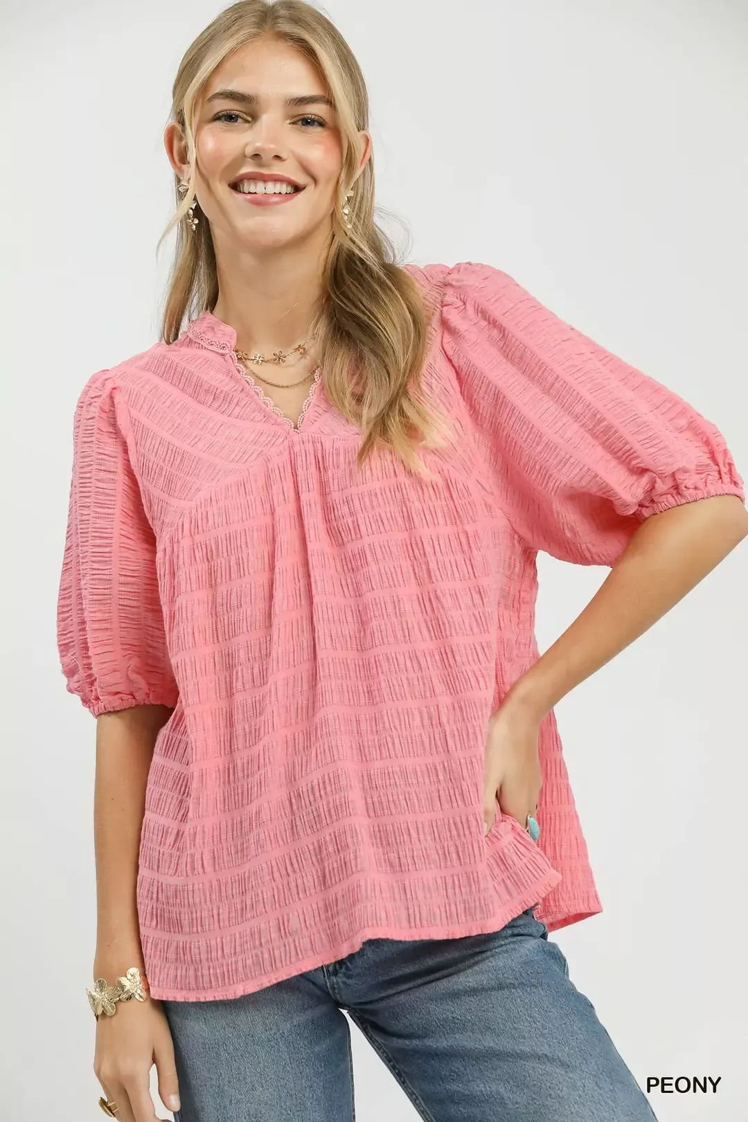 Dependable Umgee Textured Puff Sleeve Blouse Fashionable