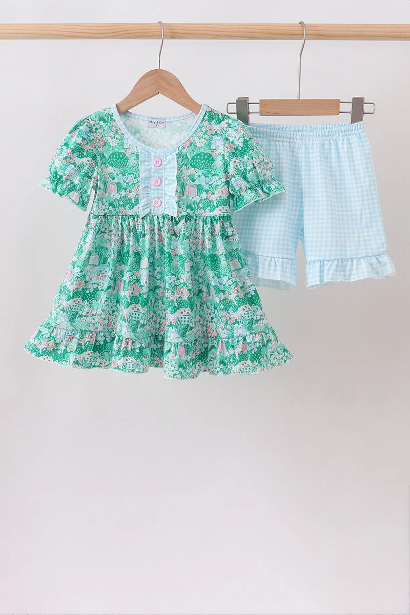 Trendy Green house floral Ruffle Shorts Set Secure