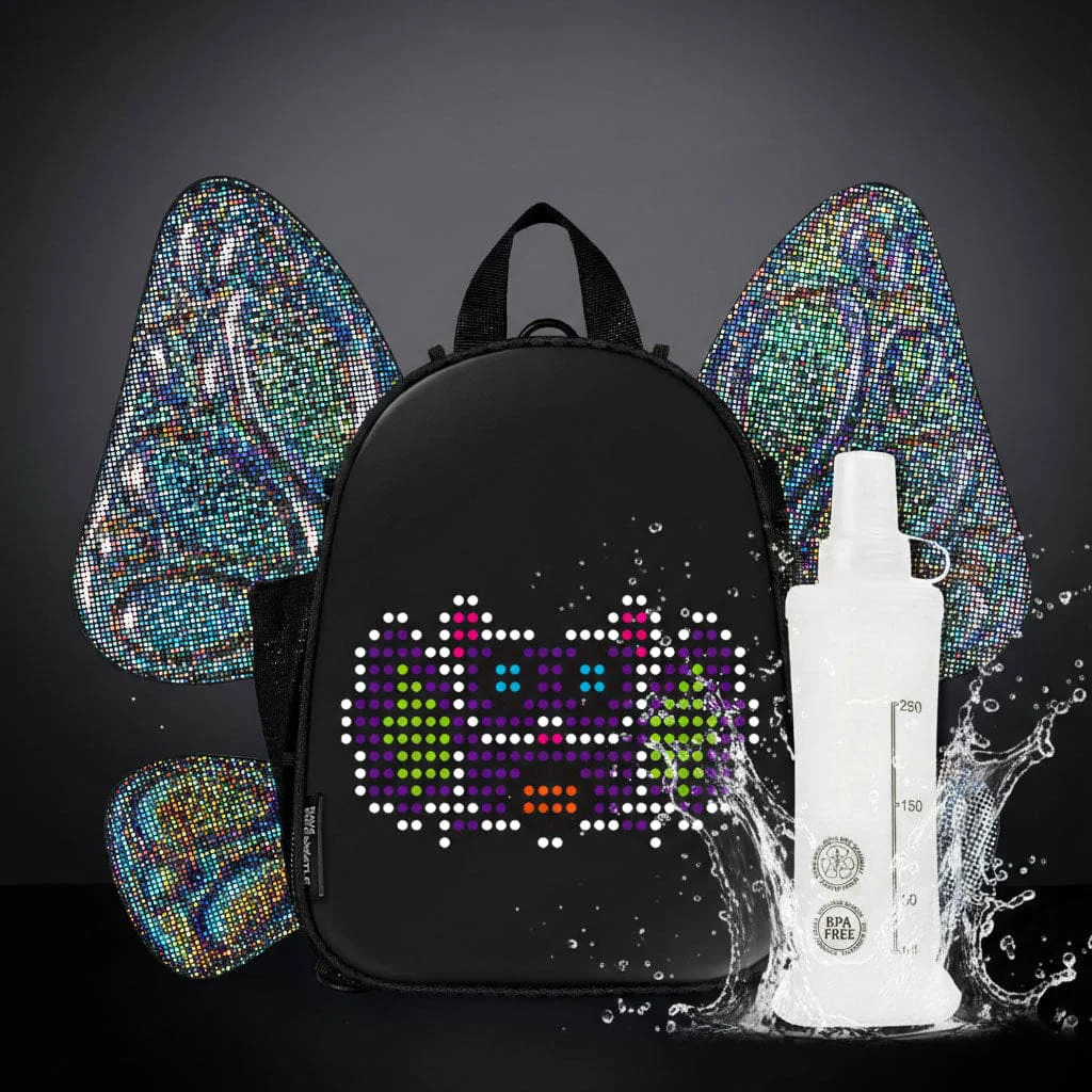 Classic RaveBeetle FLOWt LED Festival Hydration Pack Swappable Wing Rave Backpack with 8oz Soft Water Bottle Light Accessory Black Original