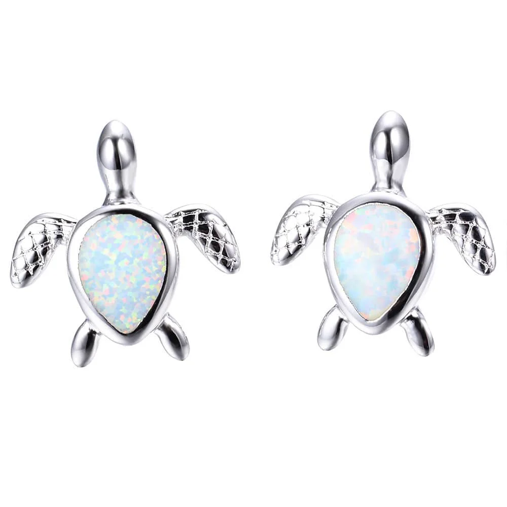 Verified White Opal Silvertone Turtle Stud Earrings Environmentally Friendly