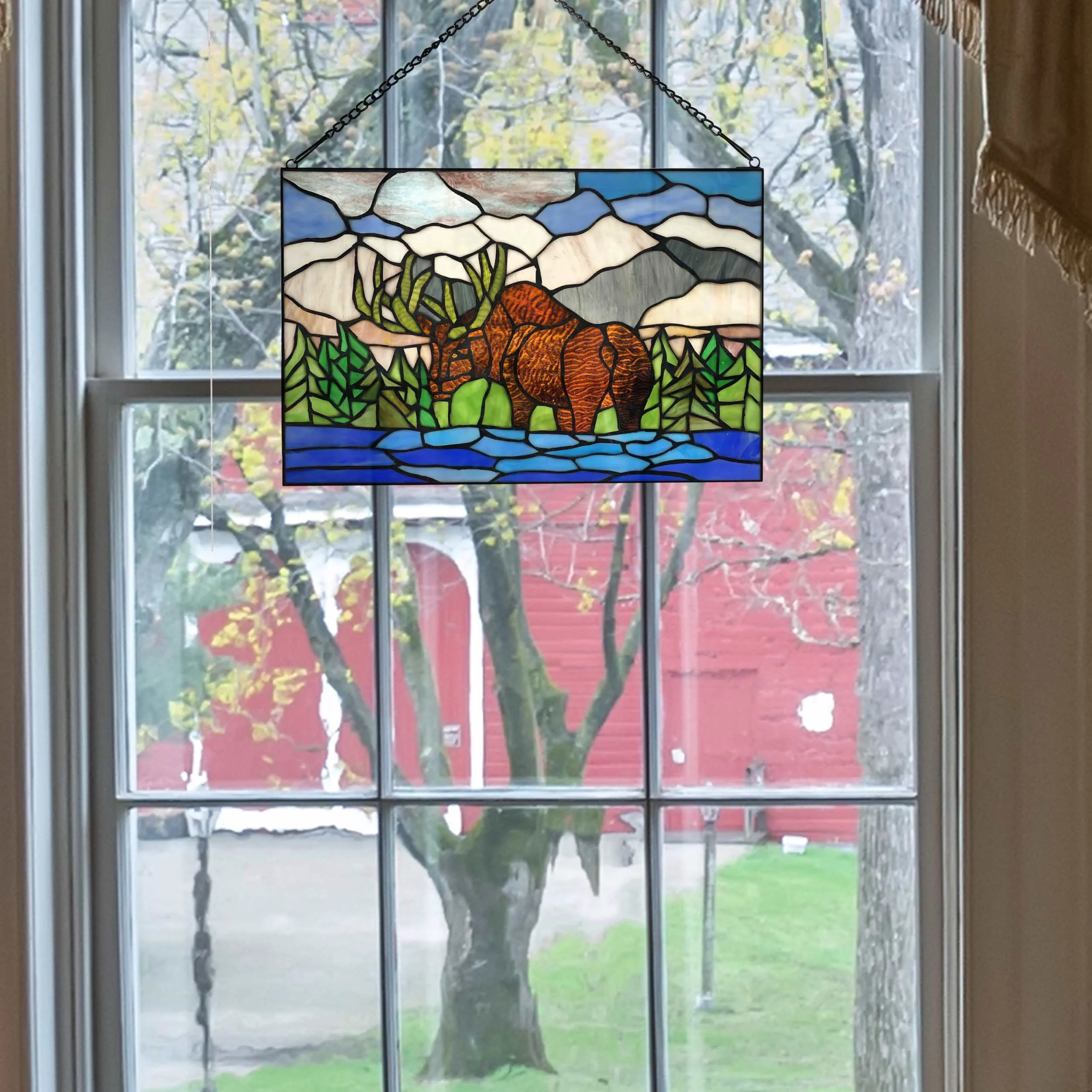 Optimized River of Goods 12 H Moose in Mountainscape Stained Glass Window Panel Specialty