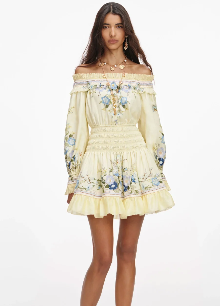 Advanced SELF-PORTRAIT Yellow Floral Organza Ruffle Mini Dress in Yellow Minimalist