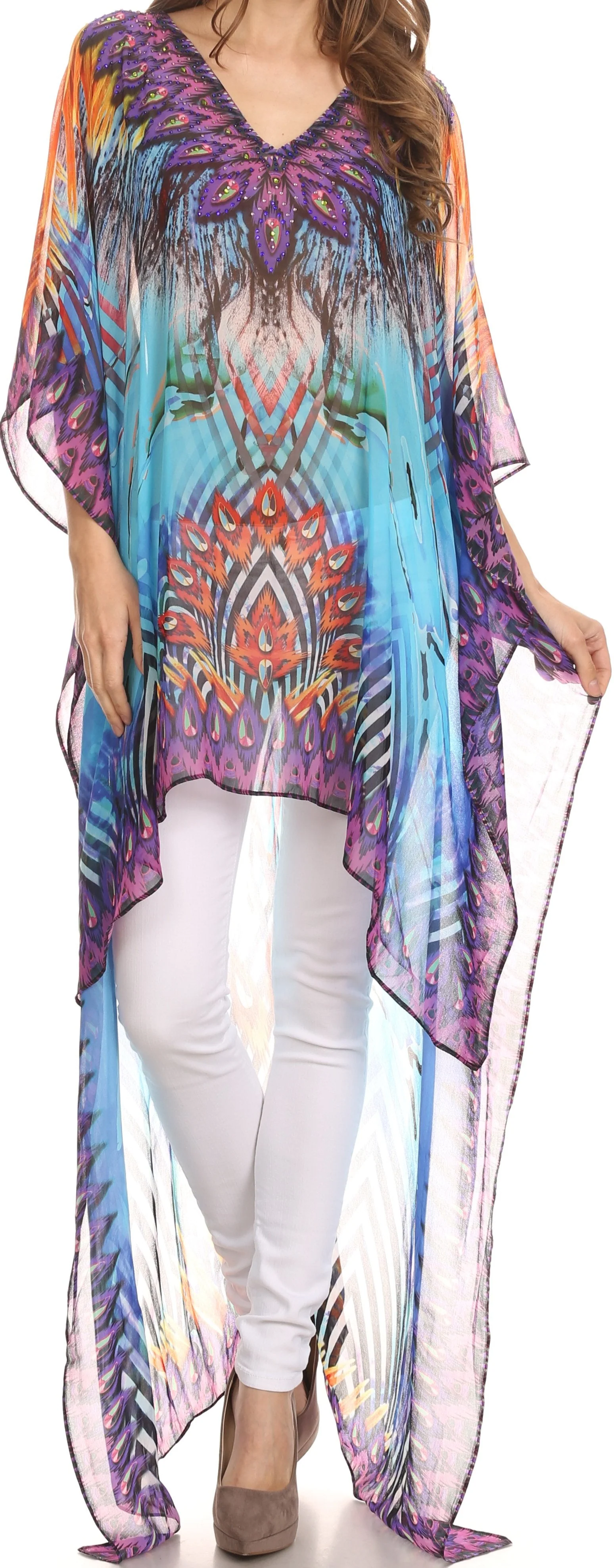 Superior Sakkas Zeke Hi Low V-Neck Caftan Dress Printed Top Cover Up Original Design