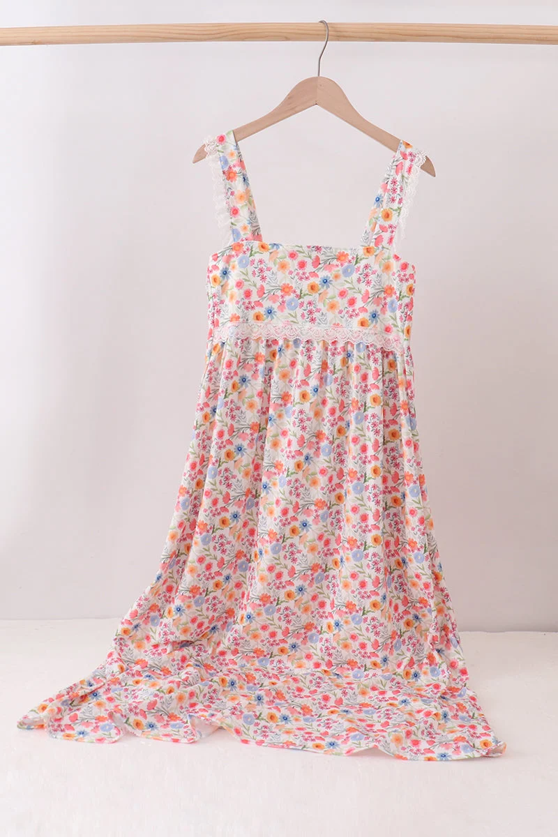 Trendy Coral Floral Print Mom Lace Dress Powerful