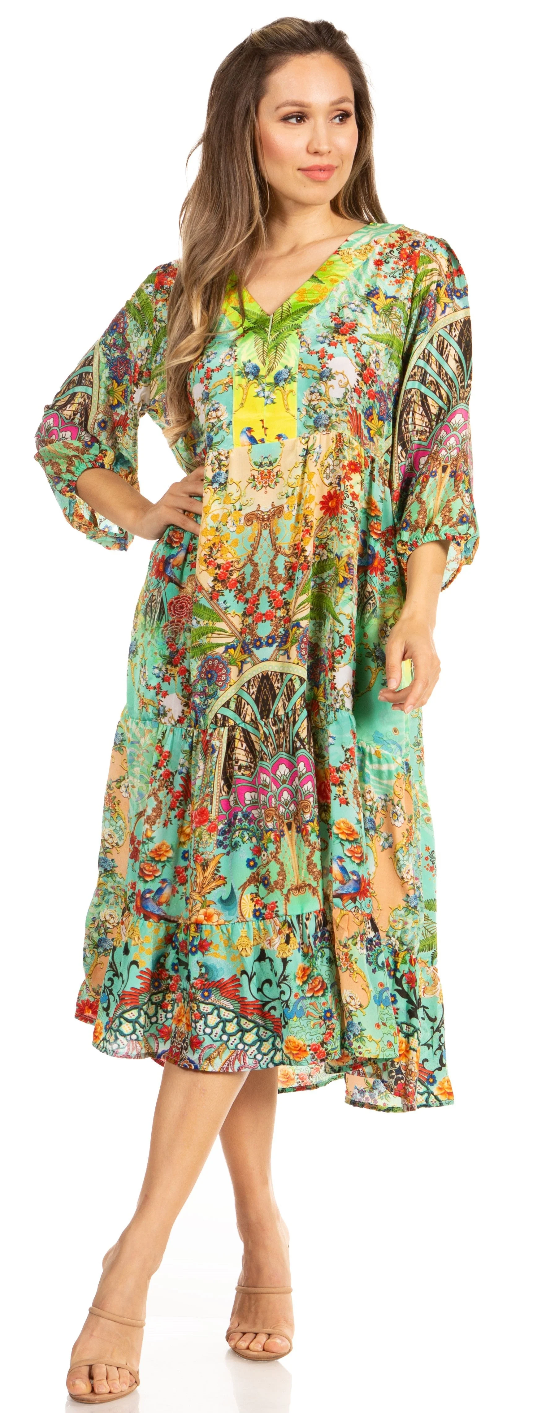 User-Friendly Sakkas Sole Women's Boho Floral Print V-Neck Midi Dress with Long Sleeves Consistent
