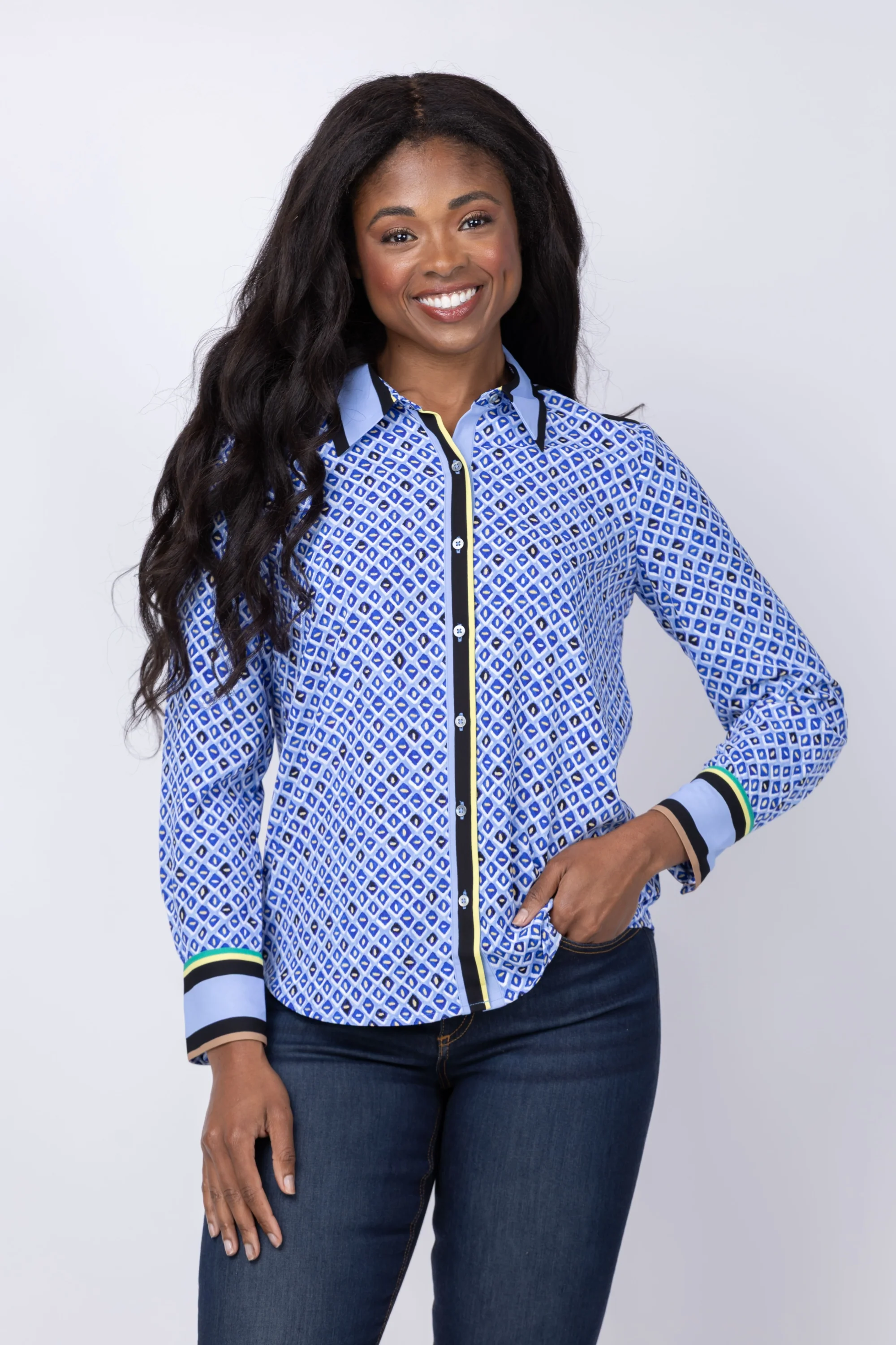 Soft NIC ZOE Mosaic Trimmed Shirt in Blue Multi High-Grade