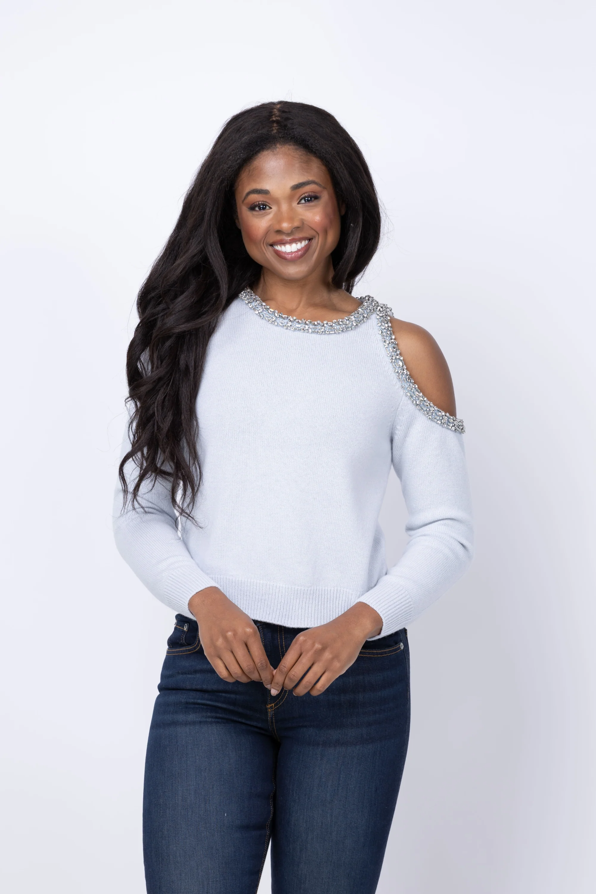 Breathable Milly Roma Crystal Embellished Top in Light Blue Melange Sustainable