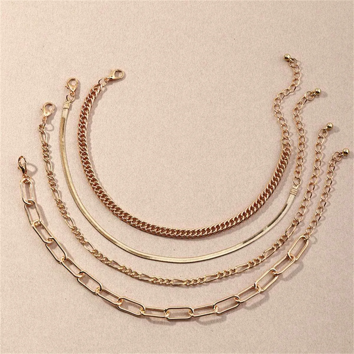 Functional Goldtone Figaro Snake Chain Anklet Set First-Class