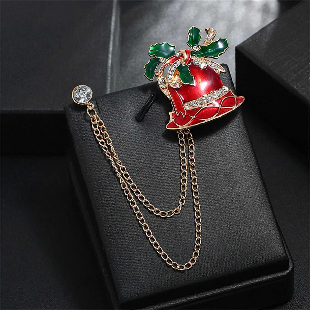 Original Red Enamel Goldtone Cubic Zirconia-Accent Chain Bell Brooch Smooth