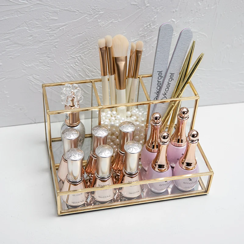 Consistent Glass Makeup Organizer Bathroom Cosmetic Storage Box with Gold Trim Healthy
