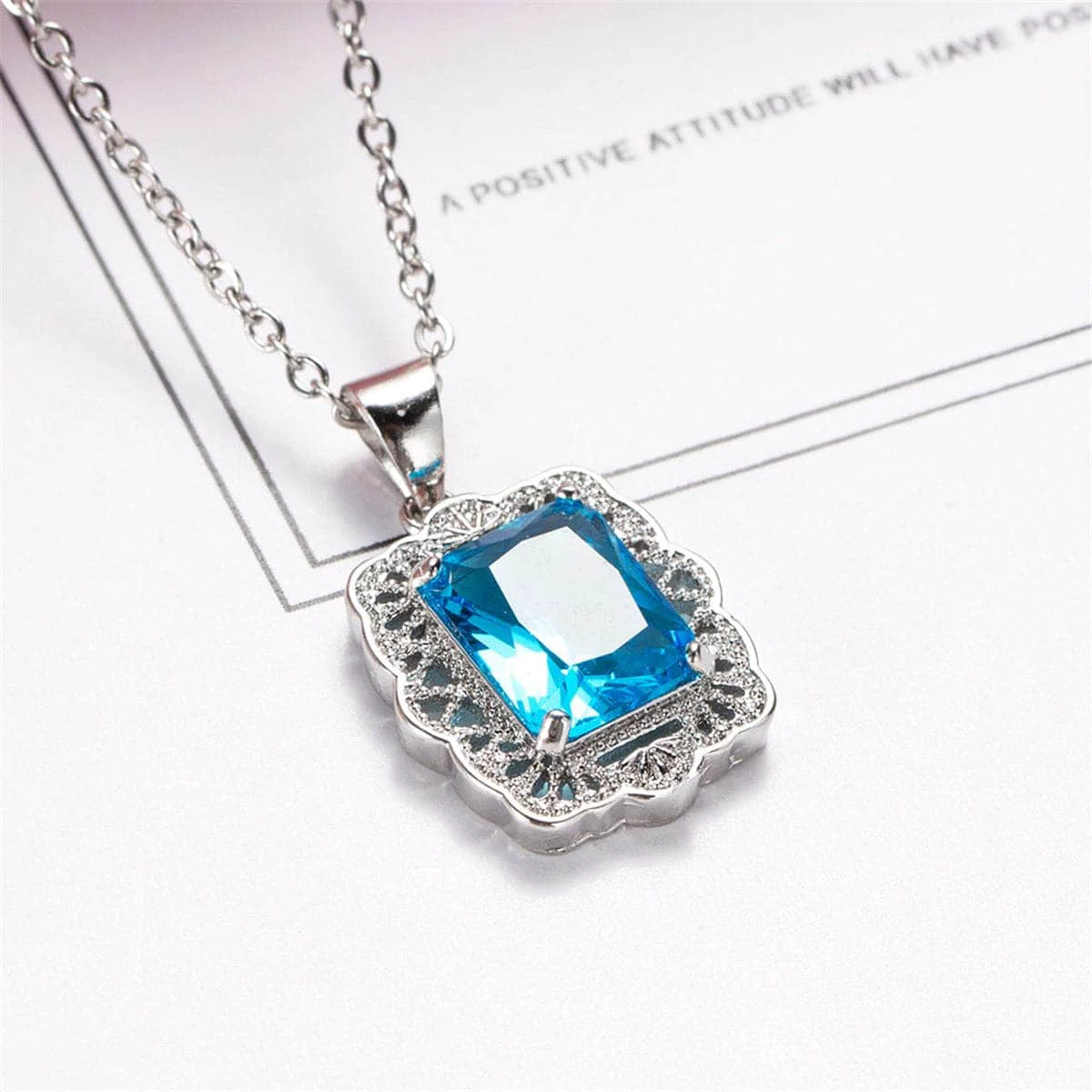 Verified Sea Blue Crystal Silvertone Filigree Princess-Cut Pendant Necklace Expertly Made