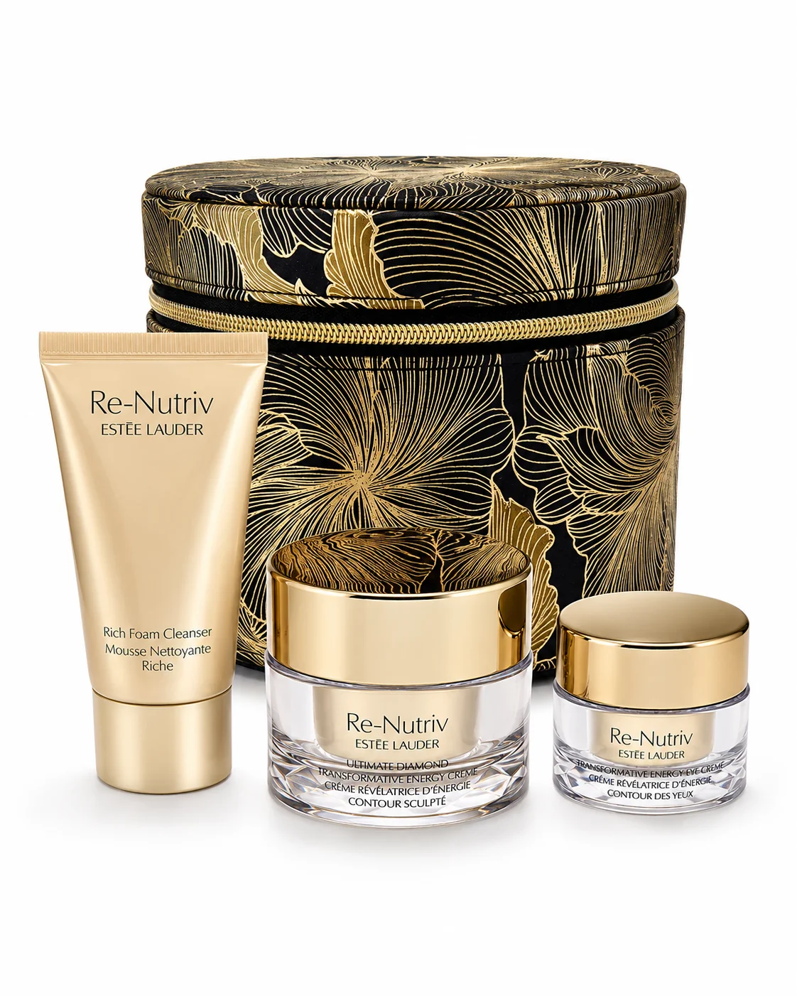 Contemporary ESTEE LAUDER THE GOLD KIT WITH A BEAUTIFUL GOLD BLACK ROUND BAG AND 3 MINI ITEMS Official