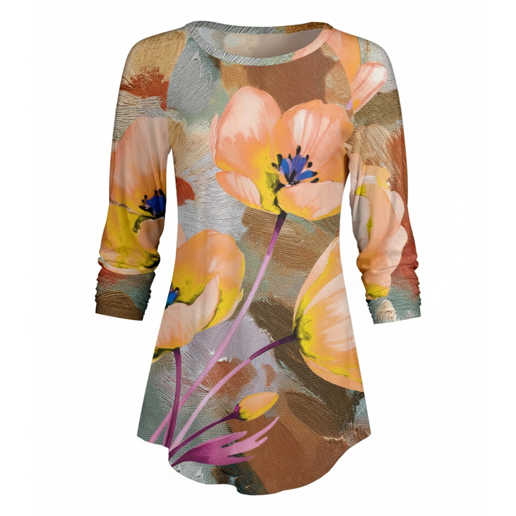 Detailed Lily by Firmiana Women s ¾ Sleeve Scoop Neck Tunic Top Orange Brown Daisy Floral Relaxed