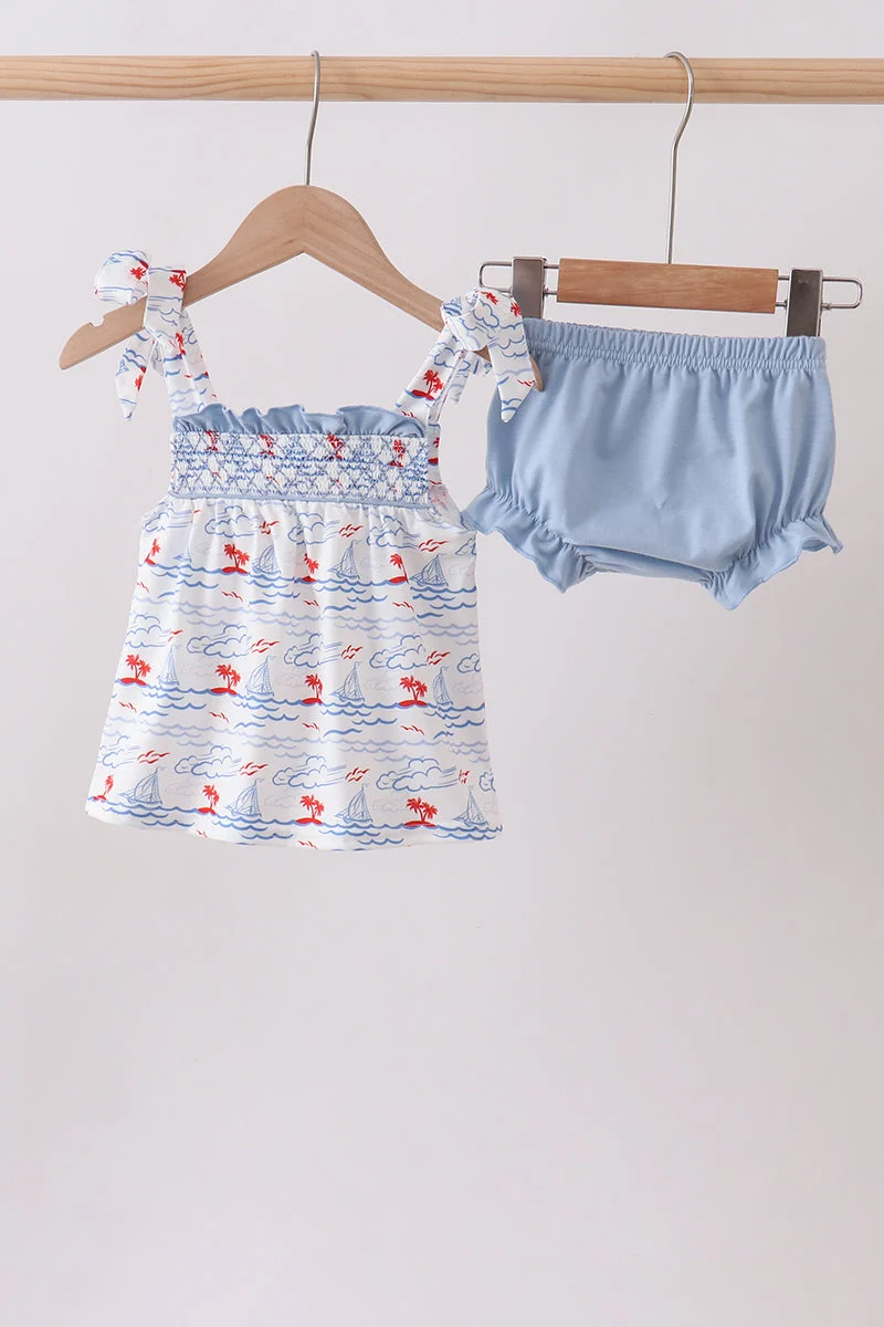 Artisan Blue Sailboat Smocked Bloomer Set Unique