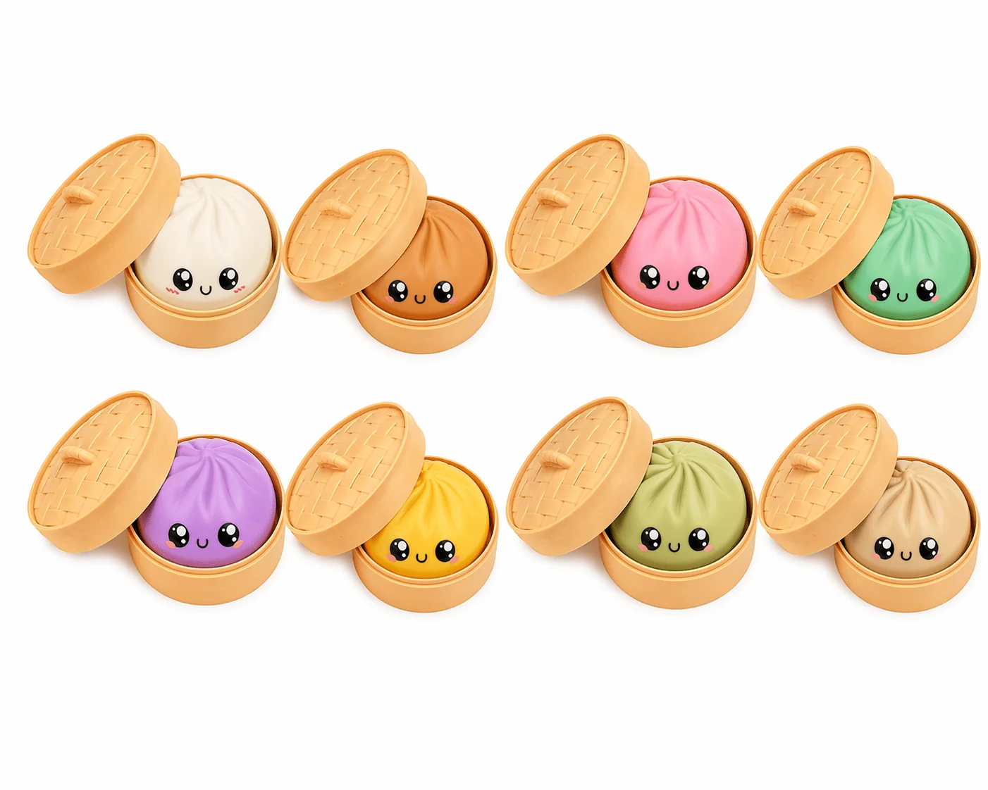 Elite Squishy Dumpling Toys Mystery 2-Pack – Stress Relief Squeeze with Bamboo Steamer Basket Random Colors Surprise Gift for Kids Adults Solid