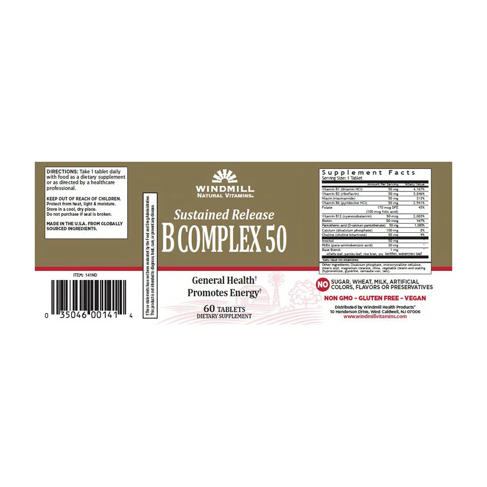 Recyclable Windmill Vitamin B-Complex Sustained Release Tablets 60 Ea Stylish