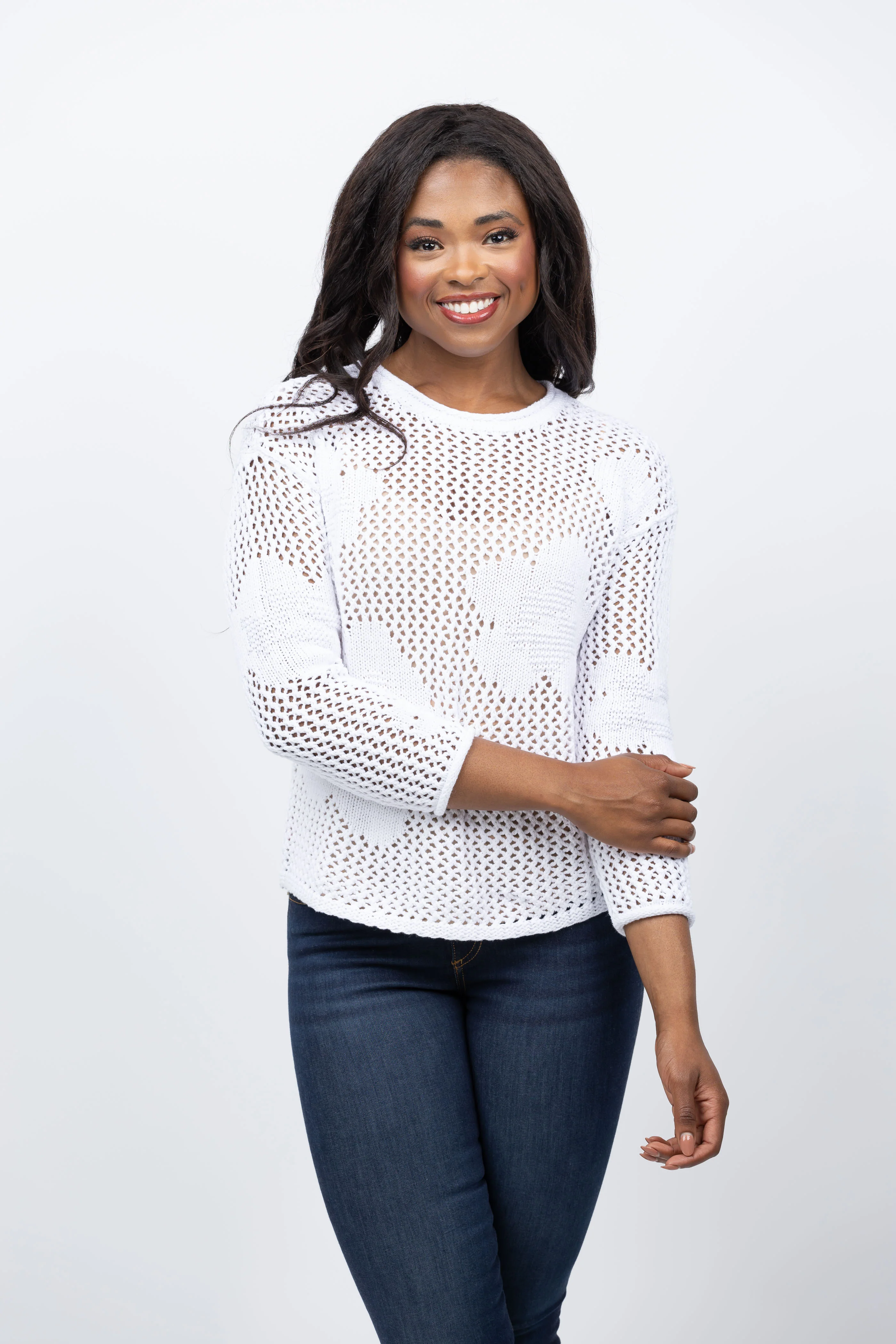Traditional Nic Zoe Crochet Bloom Sweater in Paper White Breathable