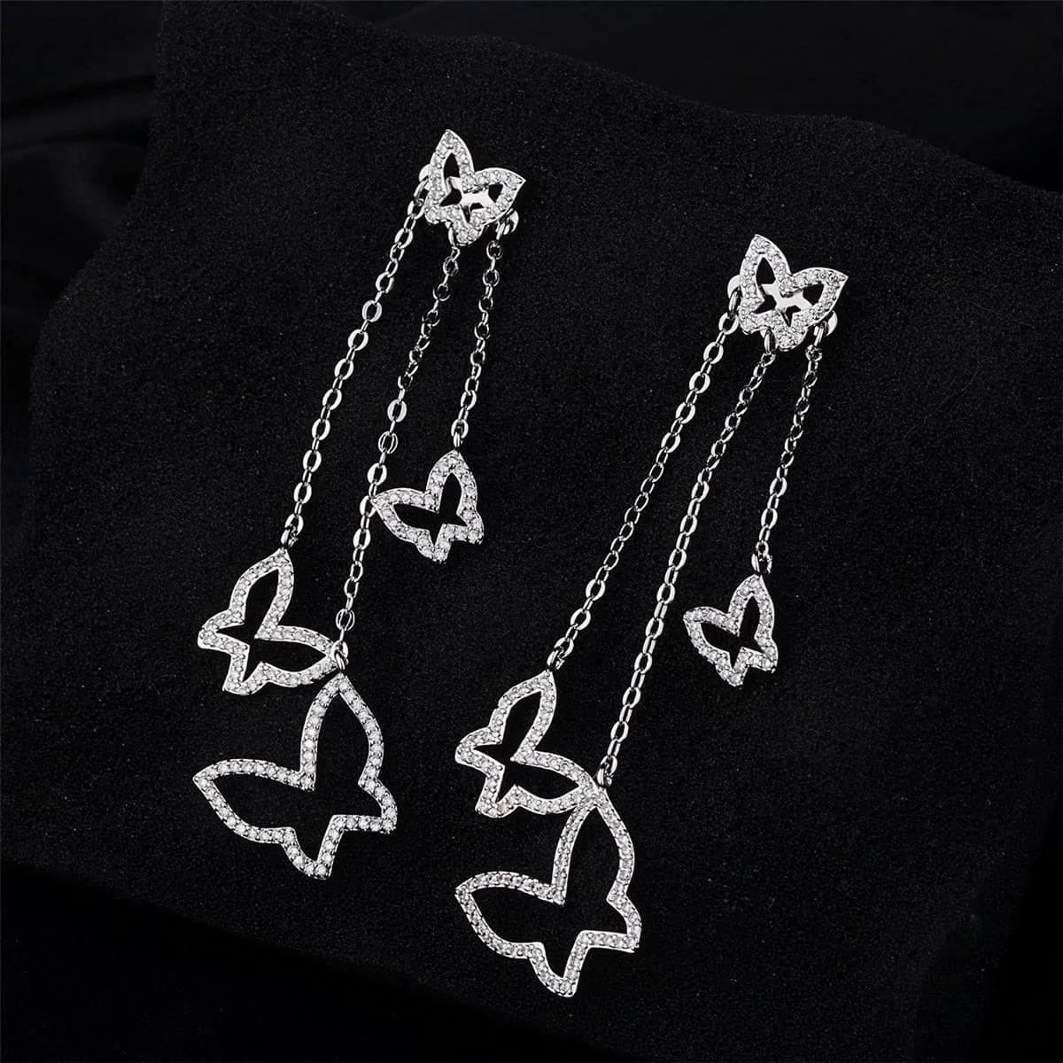 Verified Cubic Zirconia Silvertone Trio Open Butterfly Drop Earrings Luxury