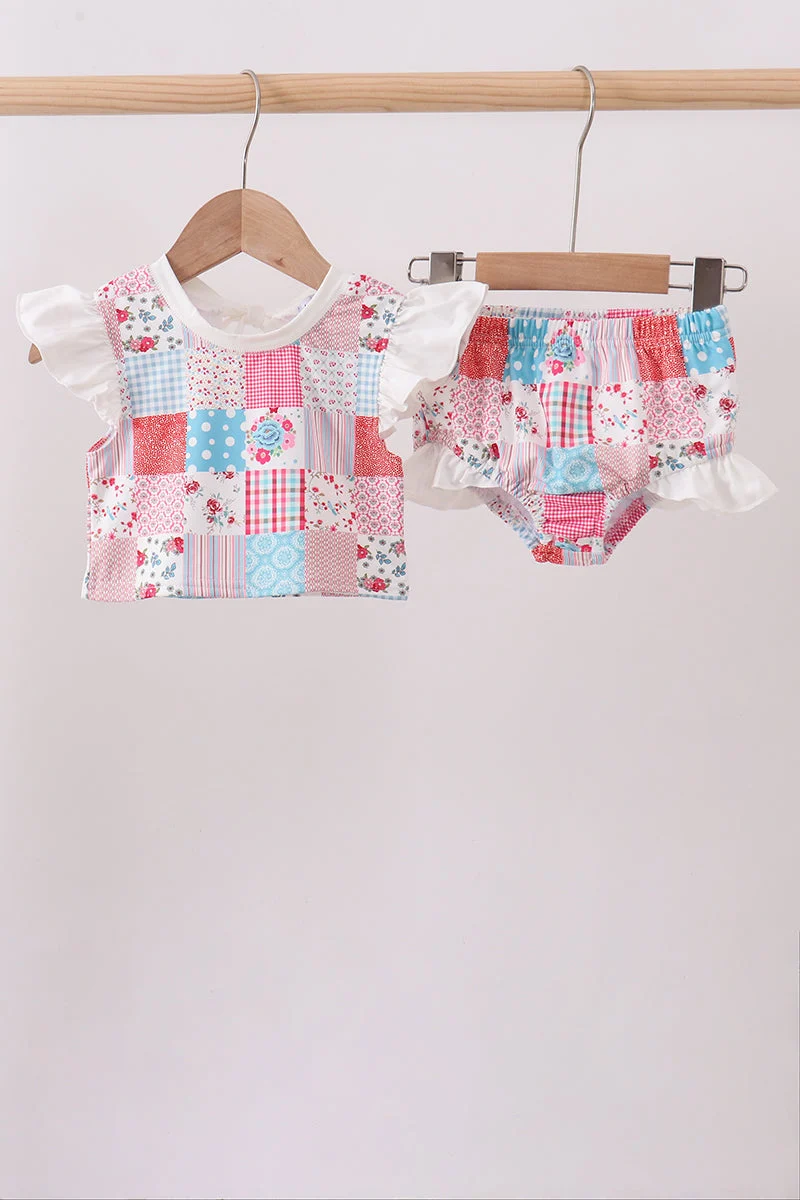 Genuine Pink floral patchwork ruffle 2pc swimsuit Pure