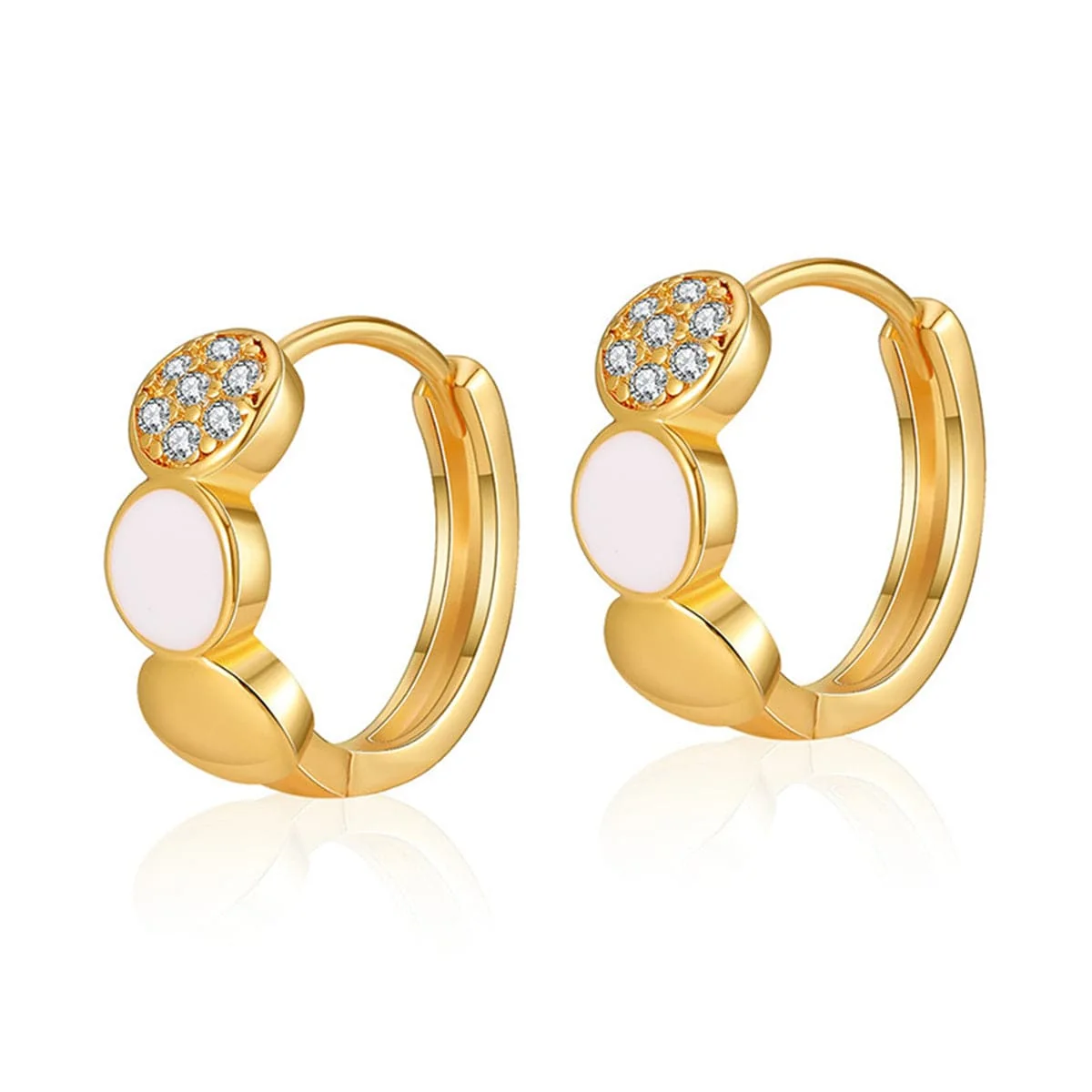 Advanced Cubic Zirconia White Enamel Goldtone Round Huggie Earrings Pure